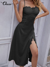 Load image into Gallery viewer, Women Sexy Satin Nightgown Celmia 2022 Fashion Spaghetti Strap Solid Sleepwear Lace Stitching Nightwear Dress Loose Homewear 5XL