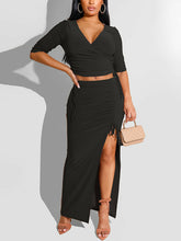 Load image into Gallery viewer, Two Piece Elegant Dress Suits Half Sleeve V Neck Crop Top High Slit