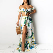 Load image into Gallery viewer, Tropical Printed Dress Suits Tie Front Tube Top Slit Maxi Skirt