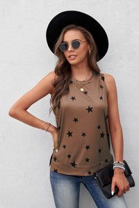 Women Summer Brown Star Print Knit Tank with Slits