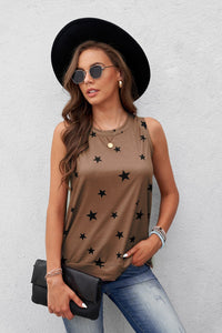 Women Summer Brown Star Print Knit Tank with Slits