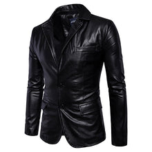 Load image into Gallery viewer, Mens Lapel Collar Slim Fit Black Fashion Faux Leather Jacket