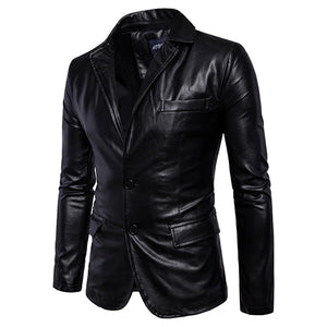 Mens Lapel Collar Slim Fit Black Fashion Faux Leather Jacket