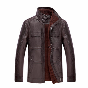 Mens PU Leather Jacket Stand Collar Velvet Thicker Warm Winter Coat Outwear Size XS-3XL
