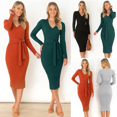 European And American Women's New Style Long Sleeve V-Neck Slim Dress