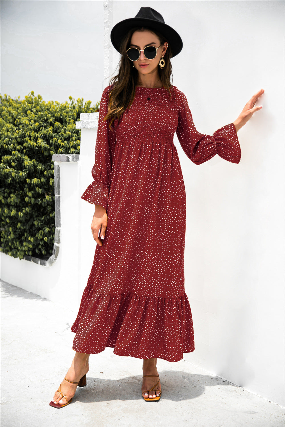 Autumn Printed Polka Dot Smocking Long Sleeve Dress Long Dress