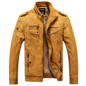 Mens Winter Velvet Plus Thick Warm Stylish Motor Yellow Faux Washed Leather Jackets 