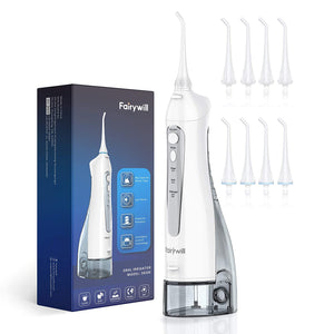 Fairywill 5020E Water flosser Professional Cordless Dental Oral Irrigator with 300ML Water Tank 3 Modes 8 Jet Tips