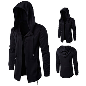 Mens Black Fashion Casual Mid Long Cloakman Cloak Hooded Jacket