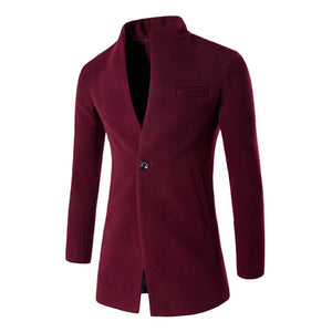 Mens Business One Button Stand Collar Slim Fit Wool Jacket