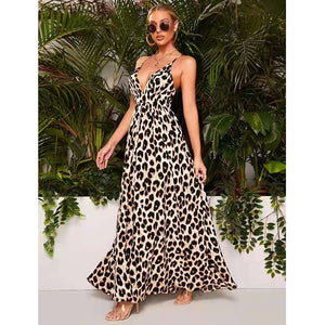 Temperament Commute Apricot Strap Type Foreign Trade Printed High Waist Dress
