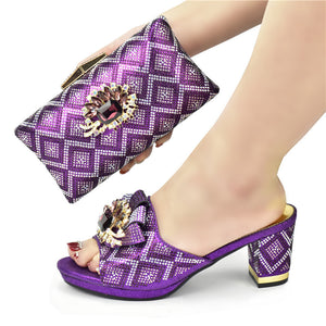 European And American Shoes And Bags Set Solid Color Rhinestone Sandals With Clutch