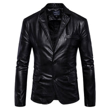 Load image into Gallery viewer, Mens Lapel Collar Slim Fit Black Fashion Faux Leather Jacket
