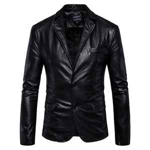 Mens Lapel Collar Slim Fit Black Fashion Faux Leather Jacket