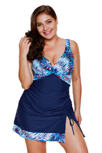 Load image into Gallery viewer, 2pcs Tropical Print Detail Navy Blue Bathing Suit