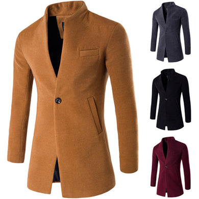 Mens Business One Button Stand Collar Slim Fit Wool Jacket