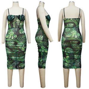 Pleated Slim-fit Spaghetti-strap Floral Print Dress