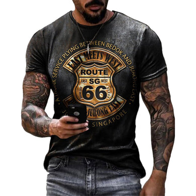 Summer New Mens T Shirts Oversized Loose Clothes Vintage Short Sleeve Fashion America Route 66 Letters Printed O Collared Tshirt