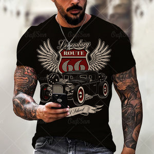 Summer New Mens T Shirts Oversized Loose Clothes Vintage Short Sleeve Fashion America Route 66 Letters Printed O Collared Tshirt