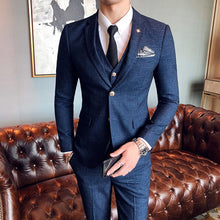 Load image into Gallery viewer, ( Jacket + Vest + Pants ) Boutique Fashion Mens Plaid Casual Business Suit High-end Social Formal Suit 3 Pcs Set Groom Wedding