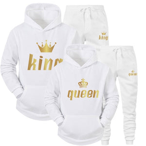 2022 Fashion Couple Sportwear Set KING or QUEEN Printed Lover Hooded Suits Hoodie and Pants 2pcs Set Streetwear Men Women Cloths