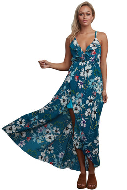 V Neck Bohemian Chiffon Long Dress Strap Cross Backless Maxi Dress for Beach