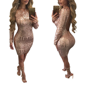 Women Sequins Dress with Sleeves Sexy Backless Dress
