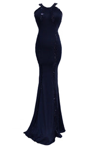 Women Dresses Evening Gorgeous Sequin Trim Jersey Long Gown for Prom