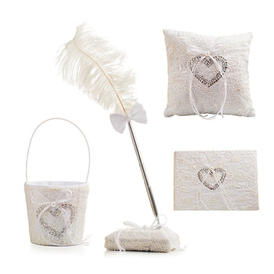 Wedding Ceremony Party Favors Set Wedding Ring Pillow Flower Girls Basket Guest Book Feather Pen Set Bridal Decoration Supplies