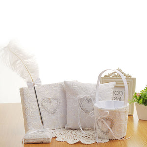 Wedding Ceremony Party Favors Set Wedding Ring Pillow Flower Girls Basket Guest Book Feather Pen Set Bridal Decoration Supplies