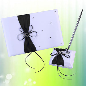 Weddings Decor Guest Attendance Book with Pen and Pen Stand Sets Satin Bows Signature Book for Party Decorations