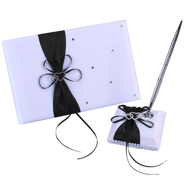 Weddings Decor Guest Attendance Book with Pen and Pen Stand Sets Satin Bows Signature Book for Party Decorations