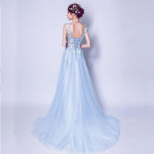 Load image into Gallery viewer, Deep V Neckline Blue Lace Butterfly Bridal Gown Wedding Gown  Bridesmaid Dresses