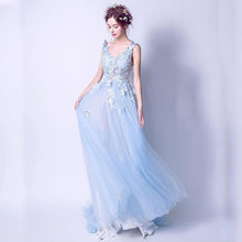 Load image into Gallery viewer, Deep V Neckline Blue Lace Butterfly Bridal Gown Wedding Gown  Bridesmaid Dresses