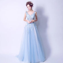 Load image into Gallery viewer, Deep V Neckline Blue Lace Butterfly Bridal Gown Wedding Gown  Bridesmaid Dresses