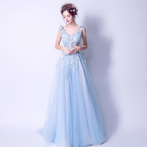 Deep V Neckline Blue Lace Butterfly Bridal Gown Wedding Gown  Bridesmaid Dresses