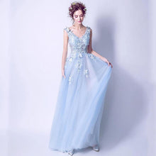 Load image into Gallery viewer, Deep V Neckline Blue Lace Butterfly Bridal Gown Wedding Gown  Bridesmaid Dresses