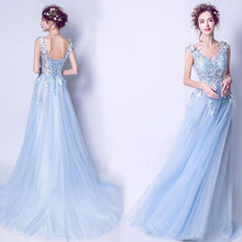 Load image into Gallery viewer, Deep V Neckline Blue Lace Butterfly Bridal Gown Wedding Gown  Bridesmaid Dresses