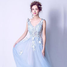 Load image into Gallery viewer, Deep V Neckline Blue Lace Butterfly Bridal Gown Wedding Gown  Bridesmaid Dresses