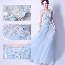 Load image into Gallery viewer, Deep V Neckline Blue Lace Butterfly Bridal Gown Wedding Gown  Bridesmaid Dresses