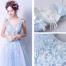 Load image into Gallery viewer, Deep V Neckline Blue Lace Butterfly Bridal Gown Wedding Gown  Bridesmaid Dresses