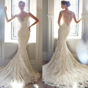 Fishtail Wedding Dress Bride New Sleeveless V neck Slim Long Tail Wedding Dress