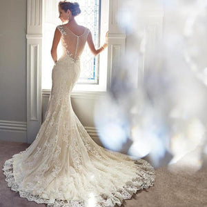 Fishtail Wedding Dress Bride New Sleeveless V neck Slim Long Tail Wedding Dress
