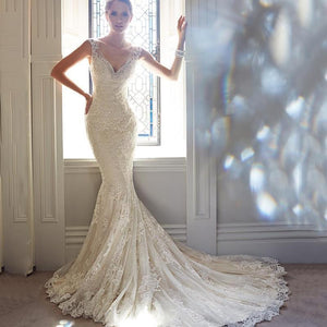 Fishtail Wedding Dress Bride New Sleeveless V neck Slim Long Tail Wedding Dress