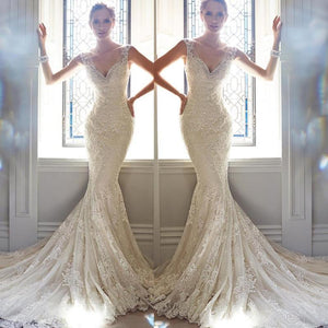 Fishtail Wedding Dress Bride New Sleeveless V neck Slim Long Tail Wedding Dress