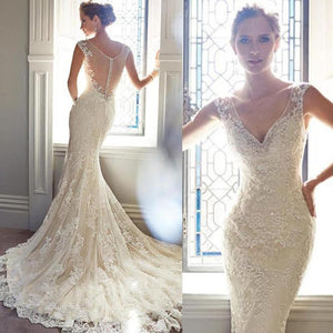 Fishtail Wedding Dress Bride New Sleeveless V neck Slim Long Tail Wedding Dress