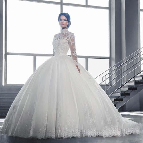 Luxury Cathedral Train Ball Gown Lace Wedding Dresses Real Photo Long Sleeves Bridal Gowns Vestido De Novias