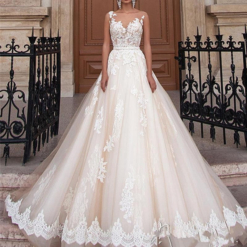Plus Size Sexy Women Lace Floral A Line Wedding Dress Elegant Backless Bridal Grown