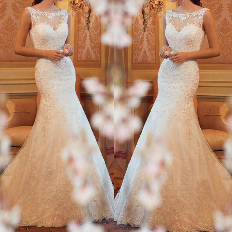 New Elegant Women White Lace Mermaid Full Length Wedding Dress