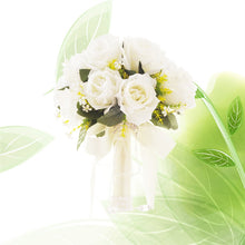 Load image into Gallery viewer, Bride Wedding Bouquet Satin Ribbon Wedding Photography Prop Rose Bridal Bouquet Artificial Flowers for Wedding Party (White)